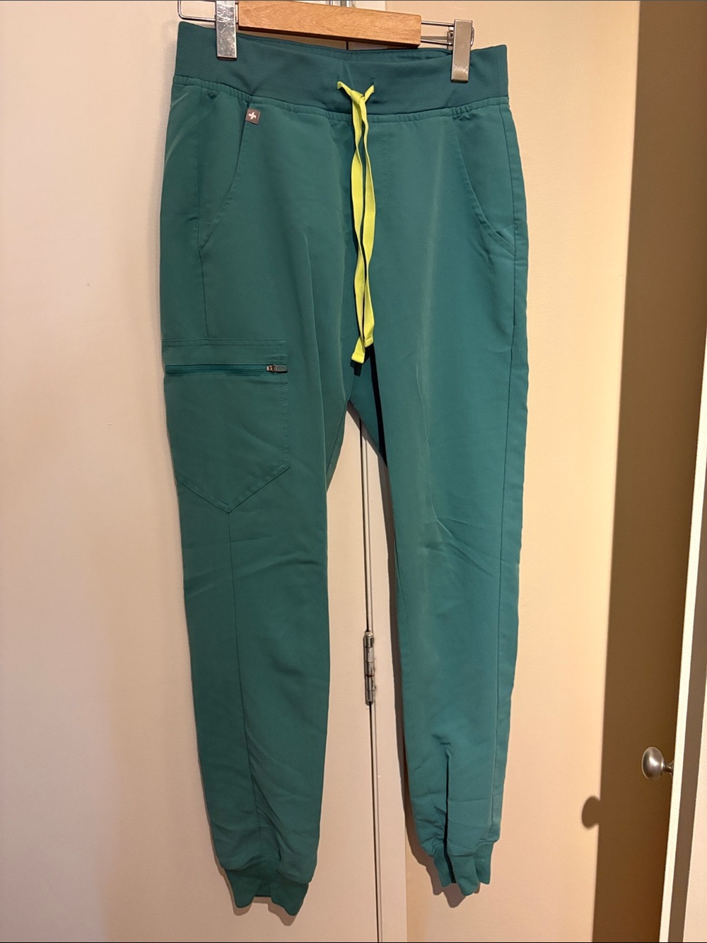 Figs Teal Zamora Jogger Scrubs with Neon Yellow Drawstring